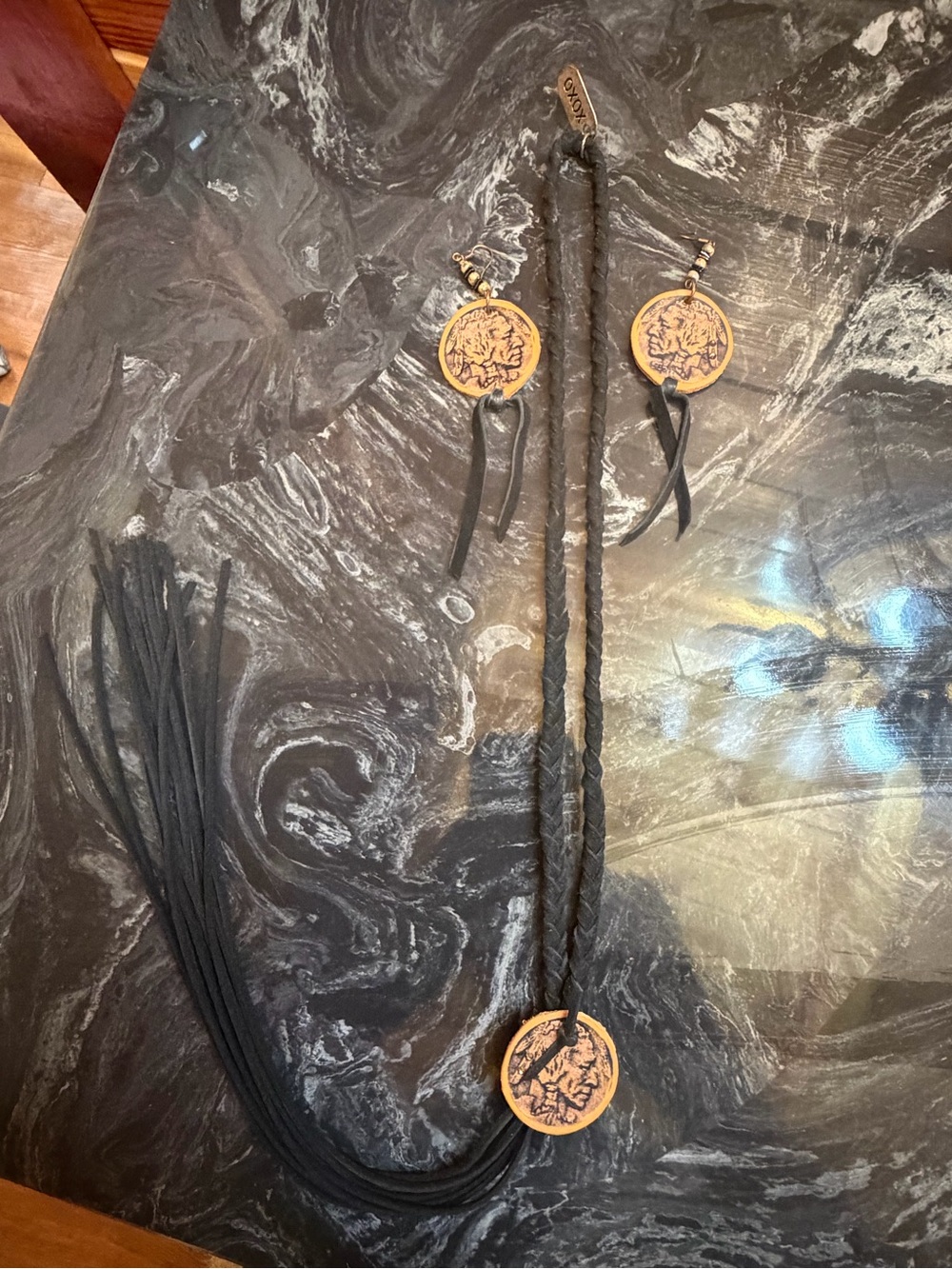 XOXO Black Leather Necklace and Earring Set with Wood Medallions